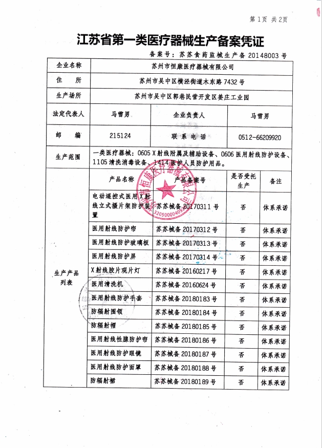 江蘇省第一類醫療器材生產備案憑證